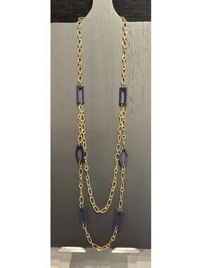 2 Layer Gold Tone Chain And Square Blue Bead Necklace # 386